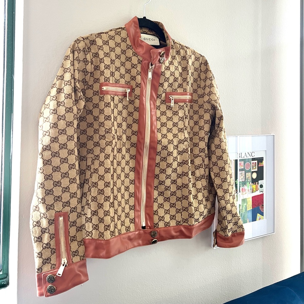 Gucci Aria leather-trimmed logo-jacquard cotton-blend canvas jacket